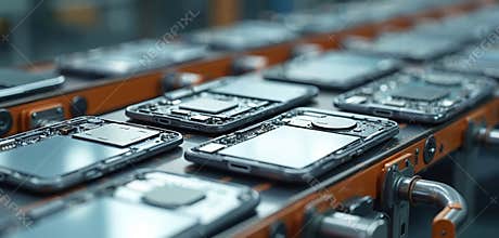 Smartphone manufacturing process on assembly line. Mobile phone production in factory. Automated smart phone assembly on conveyer