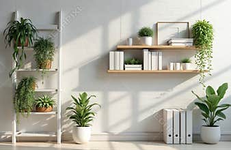 Office interior with plants, white wall. Bookshelf, ladder shelves with green plants and books. Minimalist design, modern style,