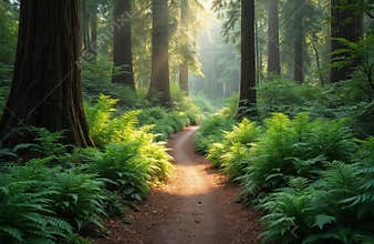 Hiking trail winds through redwood forest. Ferns in vibrant green create nature pathway. Trail leads through dense trees,