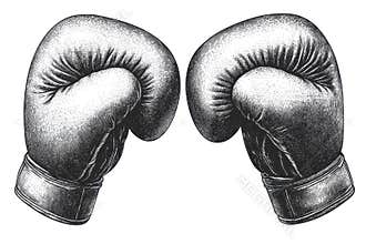 Boxing gloves woodcut style pair on black background vintage sportswear monochrome ink design boxing illustration