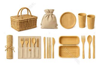 Png eco-friendly picnic set with wicker basket, cutlery, and bamboo items isolated on transparent background. concept of