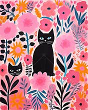 A black cat with striking blue eyes sits amidst a vibrant, wavy floral arrangement in shades of pink, orange, and yellow, set