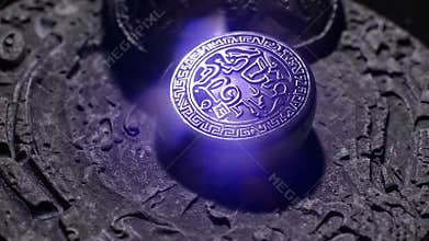 Mysterious glowing mayan artifact pulsating with purple light