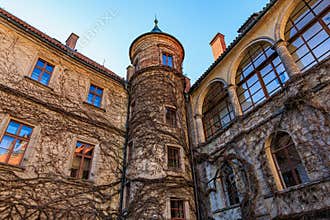 Historic stone castle facade with ivy-covered tower and arched windows