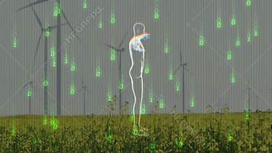 Binary code starting wireframe avatar rotating arms and ascending over turbines showing energy flow