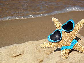 starfish on beach with sunglasses and bikini