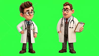 Cartoon Doctors with Stethoscope on Green Screen