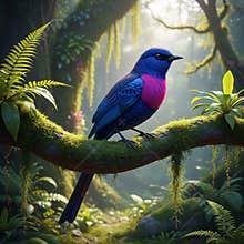 An AI generated image of colorful bird perching on a branch in forest