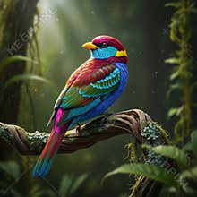 An AI generated image of colorful bird perching on a branch in forest
