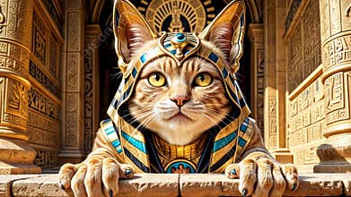 Golden Egyptian magic divine cat, cat in the temple of the Egyptian goddess