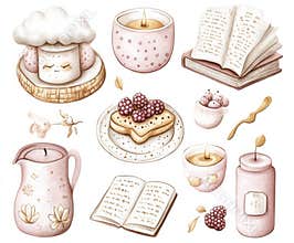 Cozy watercolor clipart with candles, books, berries, mugs, and treats. Soft pastel aesthetic.