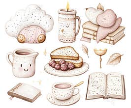 Cozy watercolor clipart with candles, books, berries, mugs, and treats. Soft pastel aesthetic.