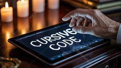 Programmer typing cursive code on tablet in candlelight