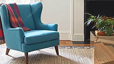 A bright and airy living room showcases a striking armchair with a distinct, vintage-inspired design. A Generative AI