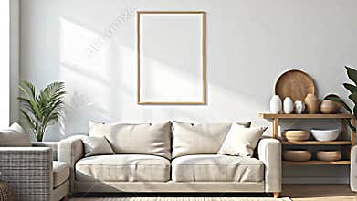 An airy living room set with a minimalist aesthetic. The sofa is low-slung and covered in a durable woven Generative AI