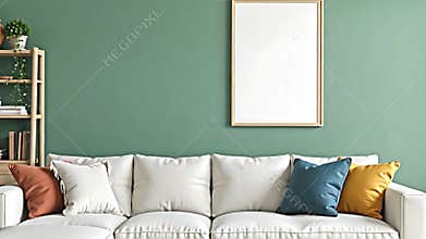 A living room interior showcasing a comfortable sofa with scatter cushions in complementary colors. A Generative AI