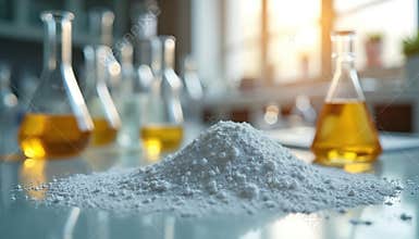 Rhodium oxide powder on lab table with flasks containing chemical solutions. Precious metal oxide in research chemistry,