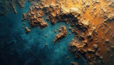 Top-down aerial view coastal landscape, abstract ocean with textured rocky terrain. Turquoise water creates contrast with