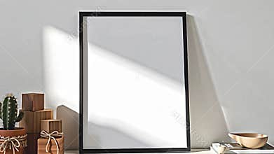 A bright and airy living room scene focuses on a mock-up poster frame resting on a console table. The frame Generative AI