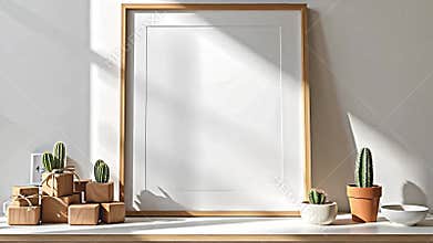 A bright and airy living room scene focuses on a mock-up poster frame resting on a console table. The frame Generative AI