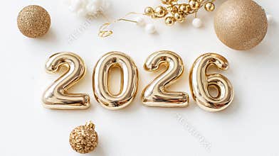 Golden inflatable numbers 2026 surrounded by festive ornaments, creating high key holiday celebration imagery on pristine white