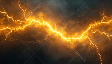 Abstract yellow lightning background. Electrical discharge effect with energy power. Thunder strike with voltage, glow. Dark