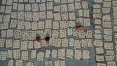Aerial view of drying vermicelli in Bogura, Bangladesh.