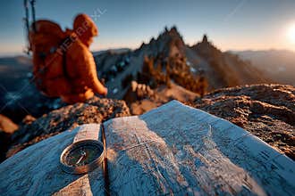 Person in orange jacket standing on rocky outcrop, overlooking towering jagged mountains and clear sky Wearing a backpack, looking