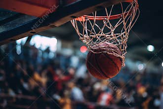 Player executes dunk over opponent, mid-air with extended arms and bent legs Basketball hoop with pulled netting Crowd of