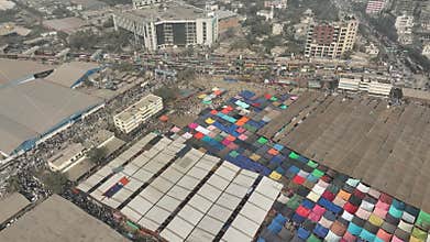 Aerial view of colorful tents of global Muslims congregation in Tongi, Dhaka, Bangladesh.