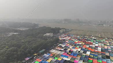 Aerial view of colorful tents of global Muslims congregation in Tongi, Dhaka, Bangladesh.