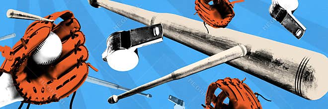 Banner. Composite collage. Baseball bats, leather gloves and whistles in striking composition against blue background.