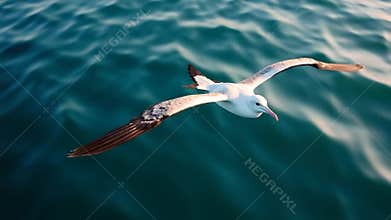 Albatross gliding effortlessly over rolling ocean waves in slow motion with wings outstretched
