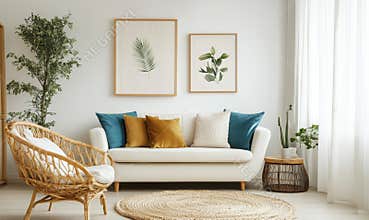Modern living room with white sofa, decorative pillows, and botanical wall art