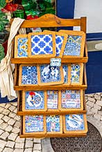 Sale of souvenir azulejos in Albufeira, Portugal