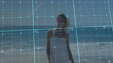 Tech calibration grid overlaying calm beach aligning around walking woman tracking spin and exiting