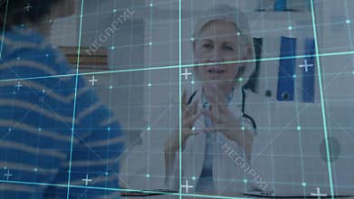Pregnant patient starting remote checkup by activating holographic grid and listening to doctor