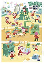 Santa workshop. Elves preparing for Christmas. New Year Eve and holidays in winter. Scene of children illustration on