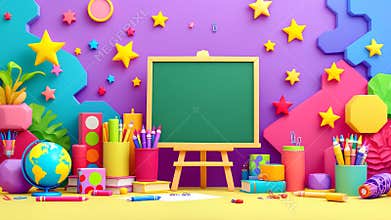 Colorful Classroom Learning Space with Blackboard and School Supplies