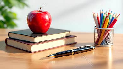Red apple on books with pen and pencils on wooden desk