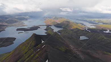 Aerial View of Iceland's Volcanic Ridge with Lakes and Rivers