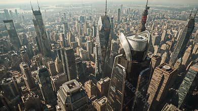 Tilting camera capturing urban skyline tracking toward futuristic skyscraper, copy space