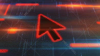 Red cursor arrow on digital computer screen with blue and red binary code