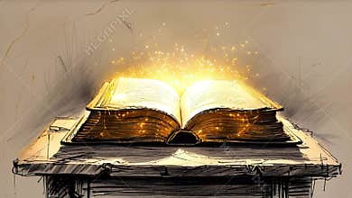 Mystical sketchbook, animated pencil drawing of a glowing ancient tome.