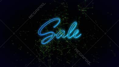 Neon particles swirling, forming cursive neon Sale text, pulsing and highlighting sale on gradient