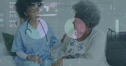 Nurse entering living room, taking senior pulse and explaining health data overlays for reassurance