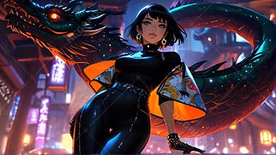 Woman with Mystic Gaze and Dragon. Amazing Beautiful Anime Avatar Portrait Art.