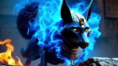 Ancient Egyptian mythical god Anubis in the form of a black jackal