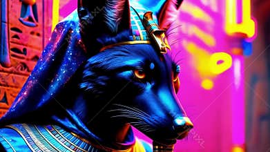 Ancient Egyptian mythical god Anubis in the form of a black jackal