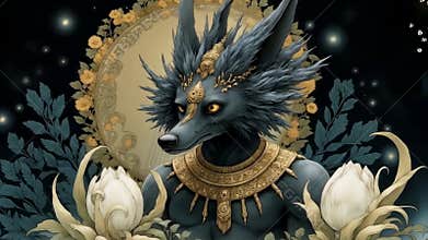 Ancient Egyptian mythical god Anubis in the form of a black jackal